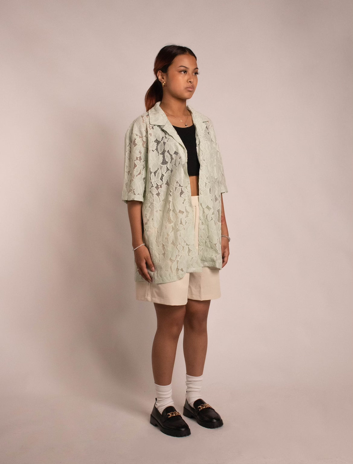 Floral Lace Open-Collar Shirt - "Sage"