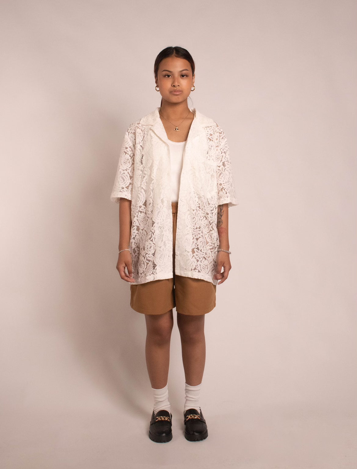 Floral Lace Open-Collar Shirt - "White"